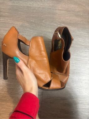 Coach Brown Leather Peep-Toe Ankle Strap Heels